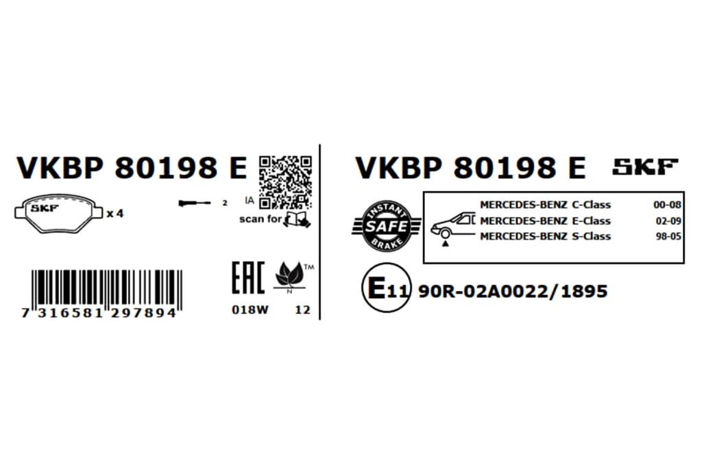 Jeu de 4 plaquettes de frein SKF ref. VKBP 80198 E